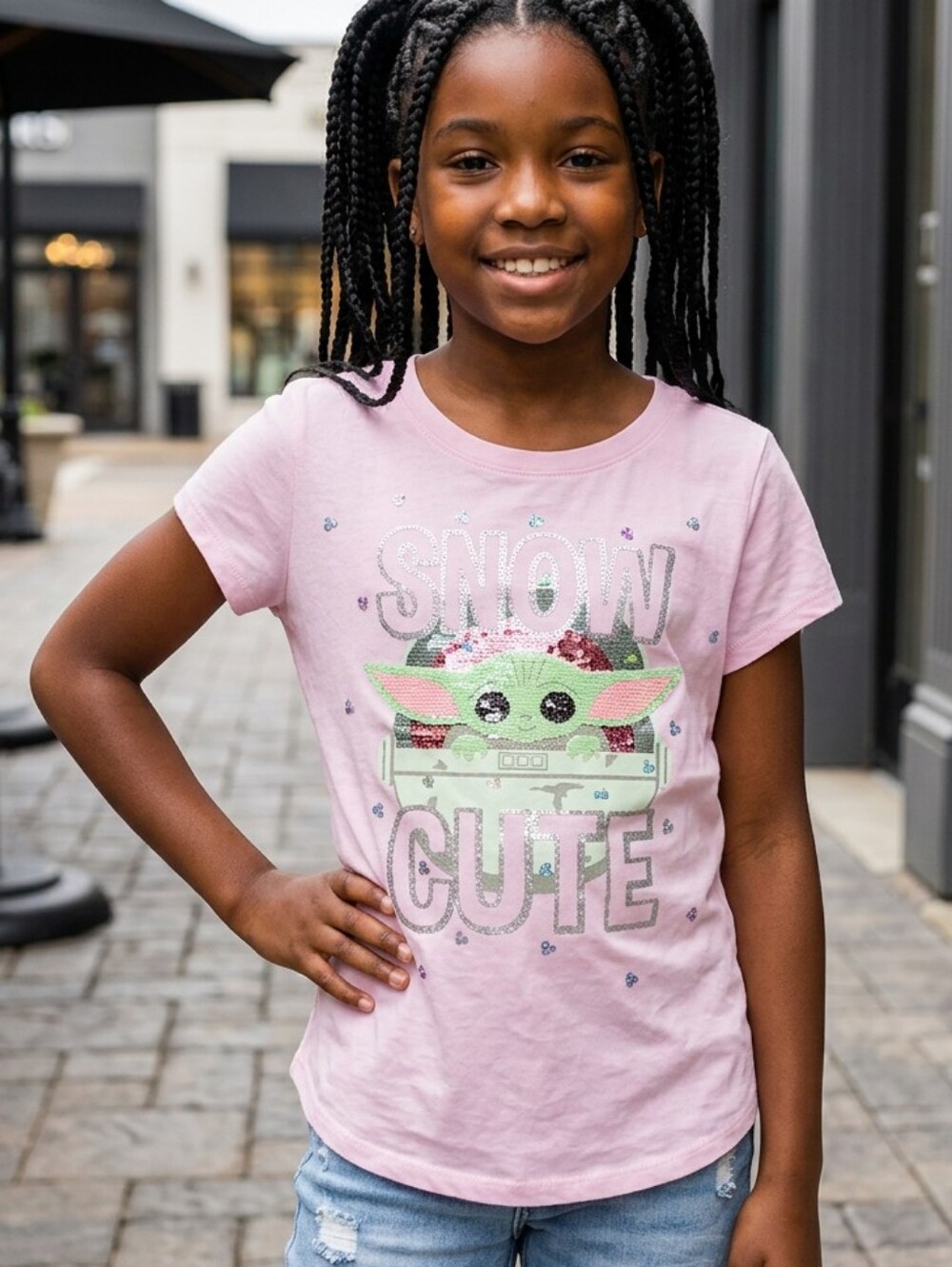 Star Wars Baby Yoda Girls L 10/12 Knit Tshirt Short Sleeve Tee Pink Sequin Top